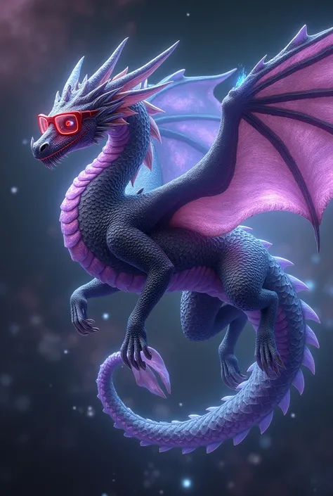 DRAGON DIEU DES MONDES noir irisé transparent gentil mais terrifiant avec lunettes rouges vole dans le cosmos et qui crache des plasmas violet détruit des mondes explose des planètes style réaliste psychotique réaliste
