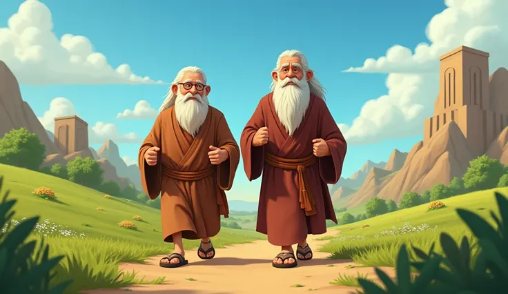 3.	Biblical patriarchs ,  like Methuselah and Noah ,  walking with energy and health ,  representing the longevity of the time.Create in Disney style , Pixar e cartoon