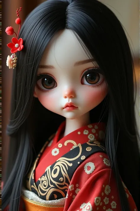 bjd doll with round almond eyes snub nose black hair color yellow pale skin color japanese clothing style thick eyebrows  black eyes color the hair is on shoulder length the nose wide the skin little bit dark the 