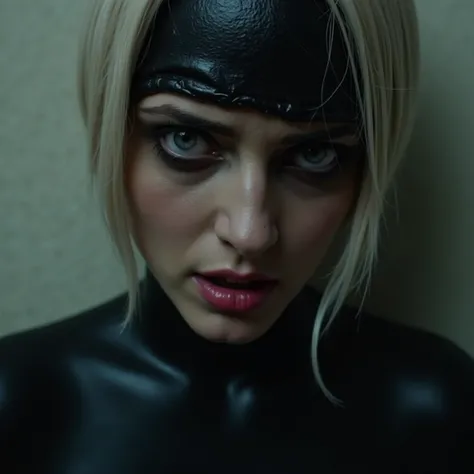 Full-face close-up of a woman in a shiny black latex suit, no helmet, showing an intense, desperate look with wide, fearful eyes and slightly parted lips, platinum blonde bob, subtle moisture on her skin for added realism, soft cinematic lighting capturing...