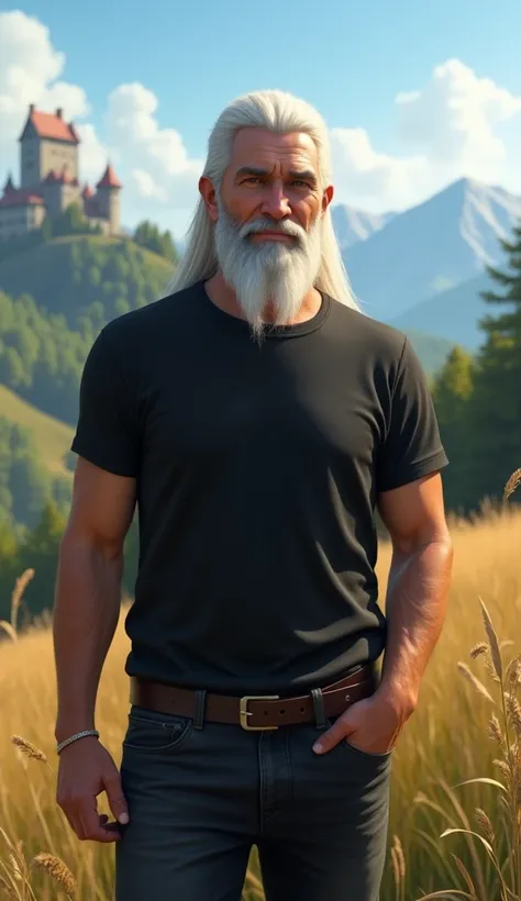 the Witcher 3 is a handsome man, 30-year-old Geralt from Rivia, beautiful white hair, beautiful white beard, clothes black T-shirt, black jeans trousers, full-length, holding a coffee crumb in his hand, smiling, the background is clear sunny nature, mounta...