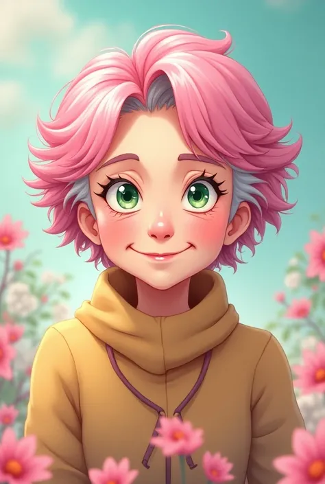 A 90-year-old old woman with pink hair and green eyes in Japanese animation style 