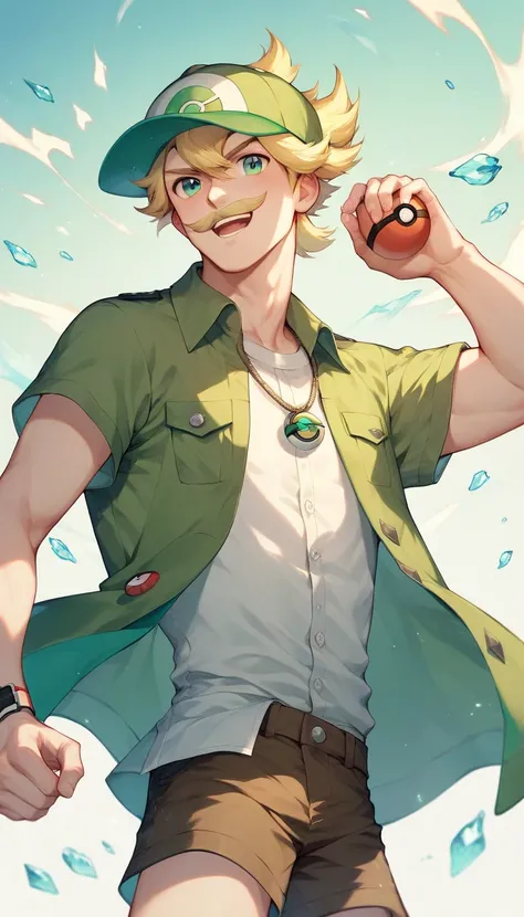 Pokémon male trainer, short blonde hair, blonde mustache, dynamic anime attacking,  wearing green khaki button shirt and green cap, wearing brown shorts, (pokemon aesthetic) 