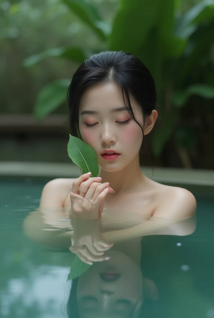 Photo、(Best quality details:1.2),realistic,16K UHD,High definition, there is a woman in the water with a leaf in her hand, by Chizuko Yoshida, onsen, high-end onsen, japanese onsen, luxurious onsens, onsens