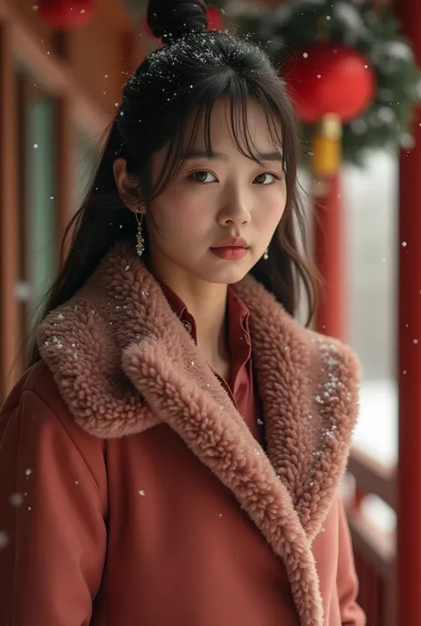 realistic photos of (1 cute Korean star) Shoulder-length hair, thin makeup, medium breasts size, wearing coat, in the snow, clear facial features, 8K high resolution, sharp and realistic details.from outside, Eye-Level Shot, f/4.0, 135mm, Fujifilm, jpeg ar...