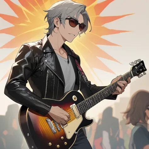 Man wearing sunglasses holding an electric guitar，Les Paul，Leather jacket，middle aged，cherry sunburst，Mixed gray hair