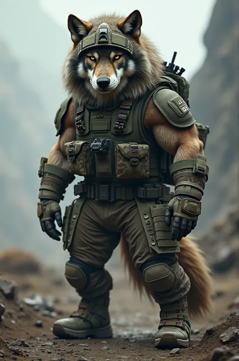 A military full suited wolf