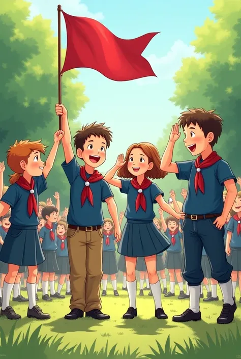 Young people making the flag salute happy boys in navy blue uniforms wearing short sleeve shirts and long pants, brown belt,  black shoes , And burgundy boy scout scarf ,  girls in navy blue uniform short sleeve shirt ,  skirt above the knee with white kne...