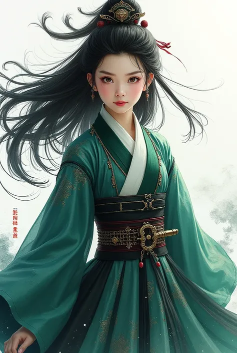 1 girl, heroine, handsome, splashed ink, Chinese armor, (upper body), black hair, floating hair, delicate eyes, black and green antique damask Hanfu, fov, (f1.8), (masterpiece), (portrait shot), front shot, white background, (movie poster), weapon