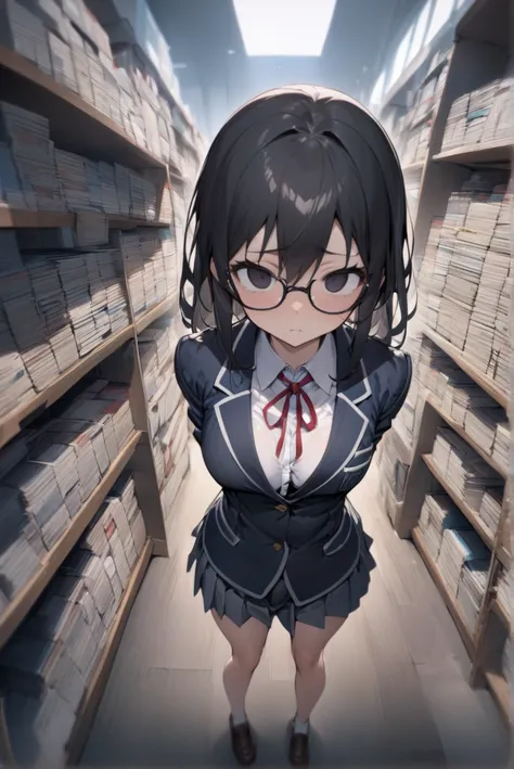 （masterpiece, Best Quality:1.2)、nsfw、 high school girl、Black Hair、long hair、Dark Eyes、empty eyes、 slender、Glasses、school uniform, middle breast, blazer, no expressionフルボディ、Library、 points of view