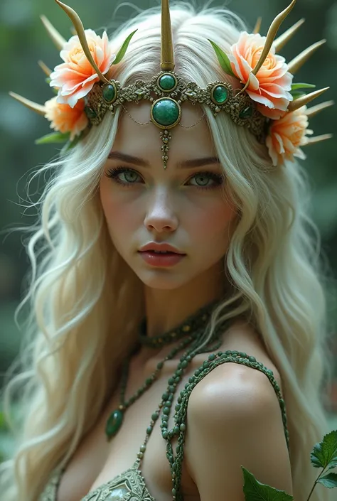 ( photorealism :1.2), young woman,  blonde with beautiful flowers on top and vines around her body, also spikes ,  jade necklace and crown , with makeup,  inspired  