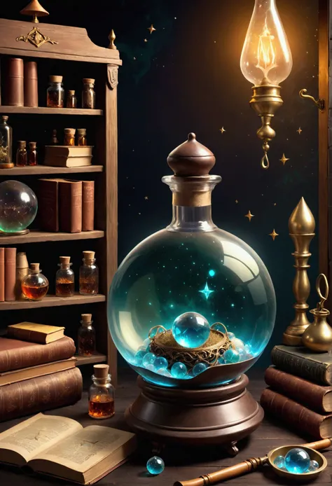 A poster cover， European and American Realistic Illustration Style， Magic Lab Theme ，Magic Drugstore，Dark background， Retro Magical Atmosphere ，Caribbean Type ， required to highlight the magic theme ， Generates dark scenes around magic，Vintage magic book 、...