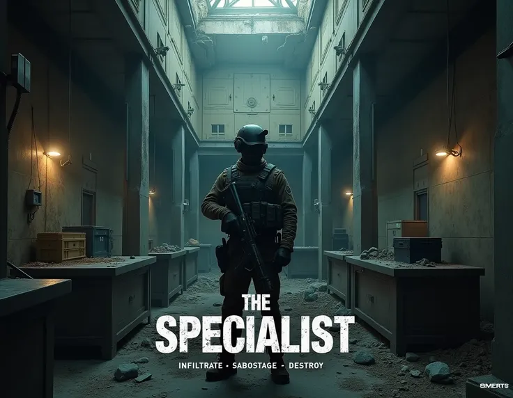  Theme and Scenery :
 abandoned building in ruins ,  with dark and intense climate ,  suggesting a hidden base and a secret laboratory .

Main character:
"The Specialist ,"  a soldier in tactical equipment ,  holding a silenced gun, transmitting focus and ...