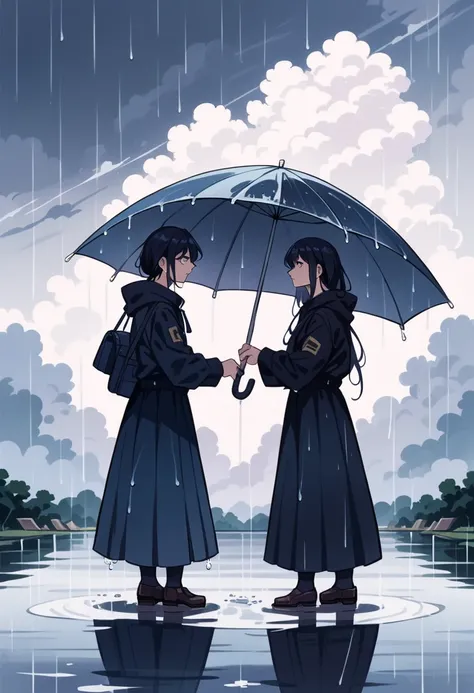 couple standing in rain with an umbrella, looking at each other. romantic weather, anime style, detailed, close up view, cloudy weather, water on road creating reflection , 