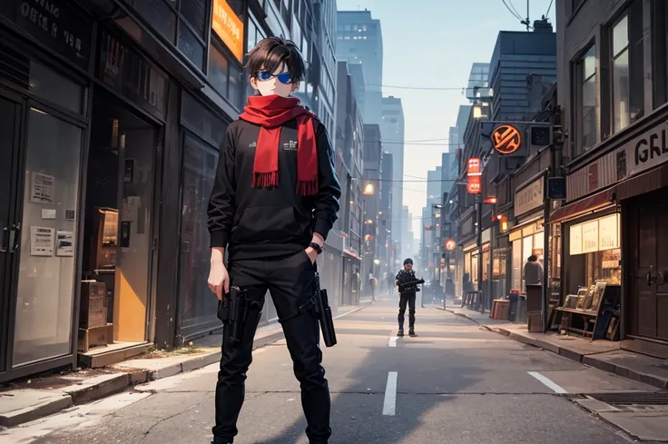 Illustration of a boy in a dark brown hoodie Fluttering red scarf Wearing goggles on his forehead Grey shirt Long black pants Holding a gun in his hand Background is a desolate city Wearing black sneakers 