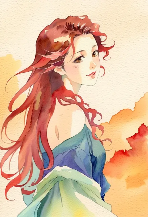 Watercolor、 old paper texture、Damaged Paper、Old style、Faded colors、composition、Golden Ratio、Functional、grace、 details、background、Soft colors、ぼやけた線A rear view of Ayano Fujisaki, with her long, brown curly hair draping down from her shoulders to her back. He...