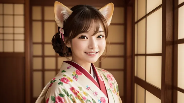 A woman sitting in a Japanese house,(Realistic Shiba Inu Ears :1.1),( Beautiful Composition That Fits Shiba Inu Ears on the Screen:1.1),Luxury Japanese kimono,Brown Hair, short hair,Petite,A lively impression, small breasts, smiles lightly, Hi-Resポートレート, (...