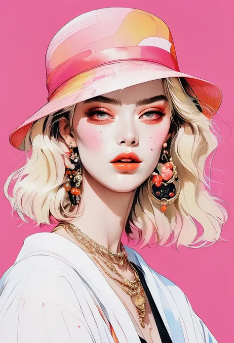 (Highest quality:0.8), (Highest quality:0.8), Perfect illustration,Beautiful woman portrait、One girl, bangs, Black nails, Blonde, Mouth closed,  clavicle , ear Earrings, Earrings, Fashion G, hair ornaments, Food, foodie, Jacket, jewelry, looking at iniewer...