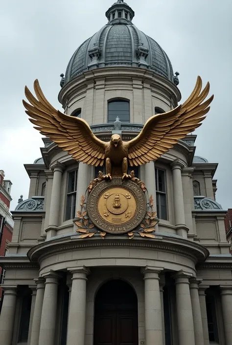 A building as the main body and a medal with two soaring eagles