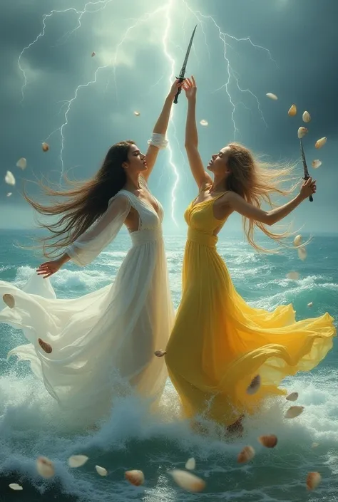  Two women dancing on the high seas ,  with white rose buds in the sea , lightning falling from the sky.  The first woman wears a white dress with long sleeves , Long neckline ,  has dark brown hair long straight and full to the waist ,  of one of her hand...