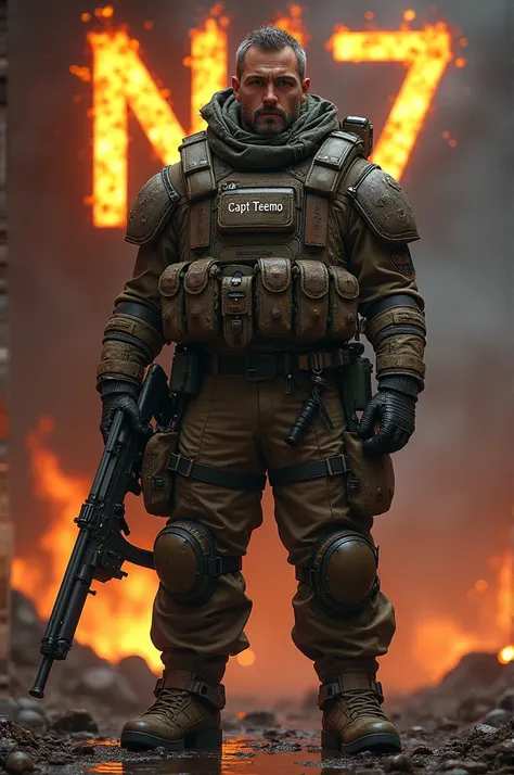 A soldier in a bold, post-apocalyptic style inspired by Last War, standing confidently with a powerful pose. The soldier wears rugged armor and gear, conveying strength and resilience. The soldiers name tag reads Capt Teemo on the uniform, and a burning te...