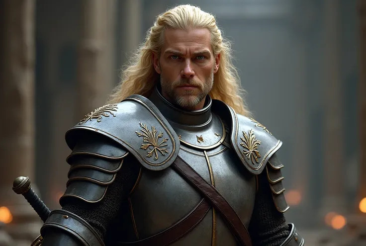 Create the image of a complete warrior man Targaryen, of adulthood, Golden hair and blue eyes, penetrating and imposing look ,  dressed in armor 
