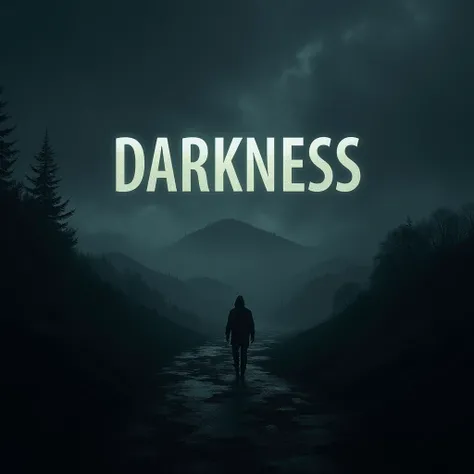 "A moody, atmospheric album cover for a song titled Darkness. The cover features a dark landscape with deep shadows, a faint mist rising from the ground, and hints of distant mountains under a cloudy, stormy sky. The colors are primarily dark blues and gra...