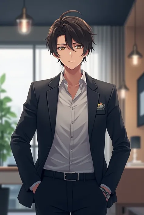 Anime boy businessman shirt look like coach 
