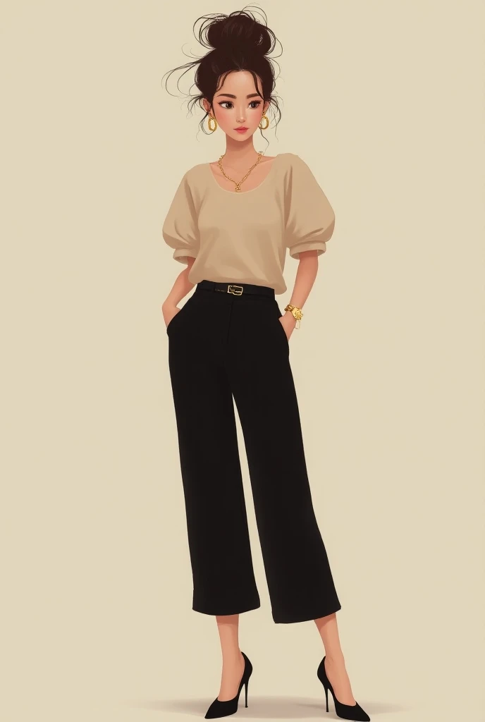 A female wearing beige colored puff-sleeve top, paired with black colored trouser pants with slim gold belt and a nude colored pointed high-heels shoes. 
She has a messy-bun hair, gold loop earrings, minimalist gold necklace and a slim gold watch