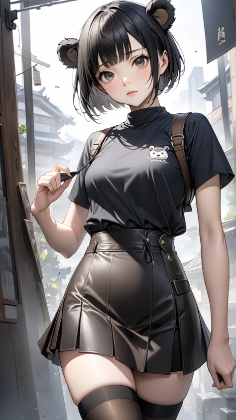 solo。１ female students。 realistic drawing。High image quality。 high quality。 Digital Painting 。

Black Hair、( pixie cut)。

 slender。Small breasts。adult。

 mini skirt。
Black clothes。
Black underwear。 brown stockings。Black Leather Boots。


Squint your eyes。Ge...