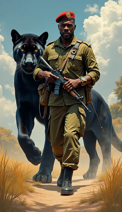 A Masterpiece Gabon Soldier Walking Straight Holding A Heavy Gun Wearing Gabon Army Uniform, A Giant Black Panther Walking Behind Him , Black Panther Height Is More Then Soldier, Creative Prompt, Eye Catching Background, Accurate Prompts, masterpiece, With...