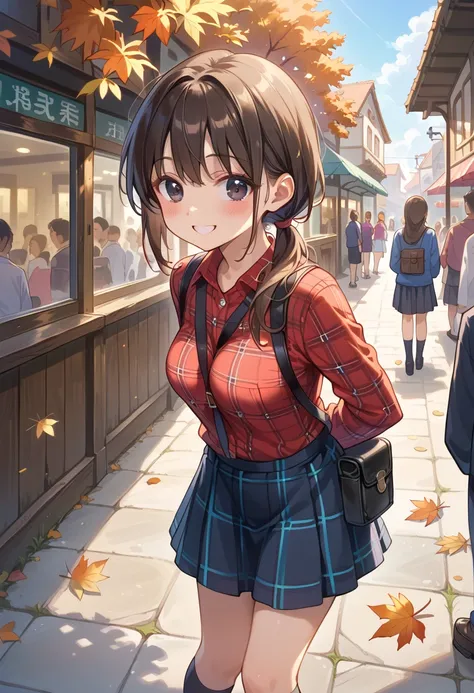 (masterpiece),(best quality),(ultra-detailed), (illustration), (an extremely delicate and beautiful) BREAK ,smile,(bashful:1.1),blush,arms behind her back,(learning forward:1.2) BREAK 1 early teenage girl,solo,low ponytail,dark brown hair,black eyes,(cute)...