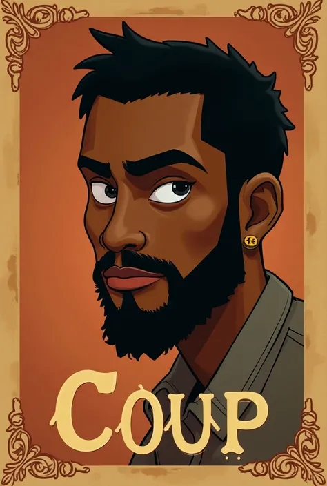  Create a cover of the game Coup based on the story of Chico Rei ,  Do it in a less realistic and simpler way  ( make it more animated style ) ,  focusing on a more rustic style with a single colored background.   Write the name of the game in a rustic fon...