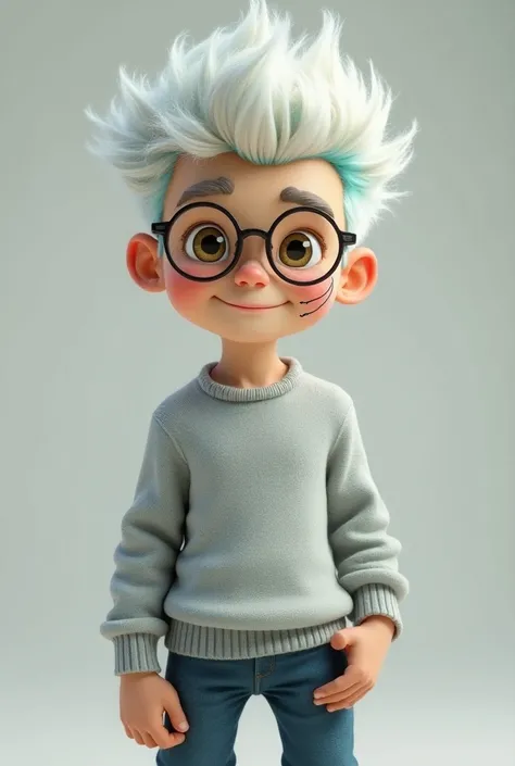  A white haired boy with aquamarine tufts and golden eyes has a scar on his face, has glasses, and hes wearing a light gray sweater , This one is smiling and waving with one hand he is a boy he is tall and muscular