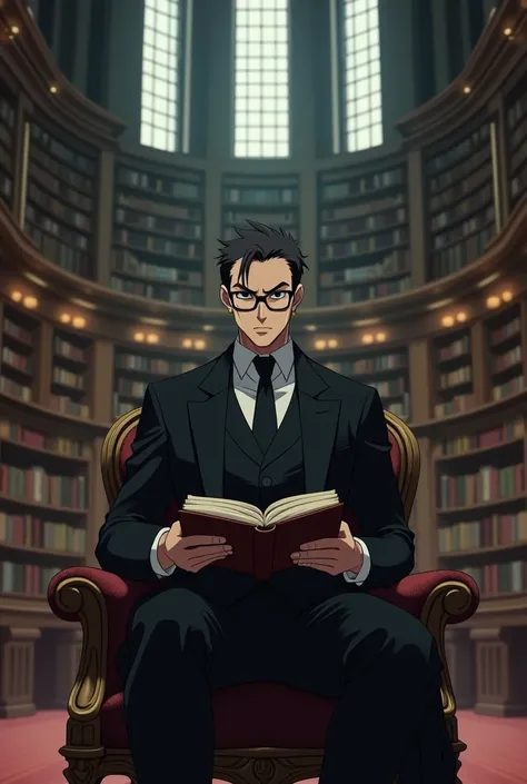 William Moriarty from the anime patriotism Moriarty in a black suit sits reading a book in the middle of the library