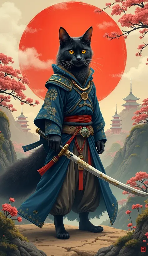 A cat dressed in black with a sword in his hand dressed as the fox character 