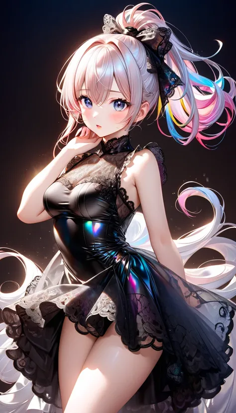 cute and cool beauty virtual idol, white shiny silky disheveled ponytail, make up, amorous and lewd expression, captivating eyes, cortesy, elegance, dignity, curvaceous, wearing shiny copper-plated and jet black fluffy lace idol-style dress, idol style var...