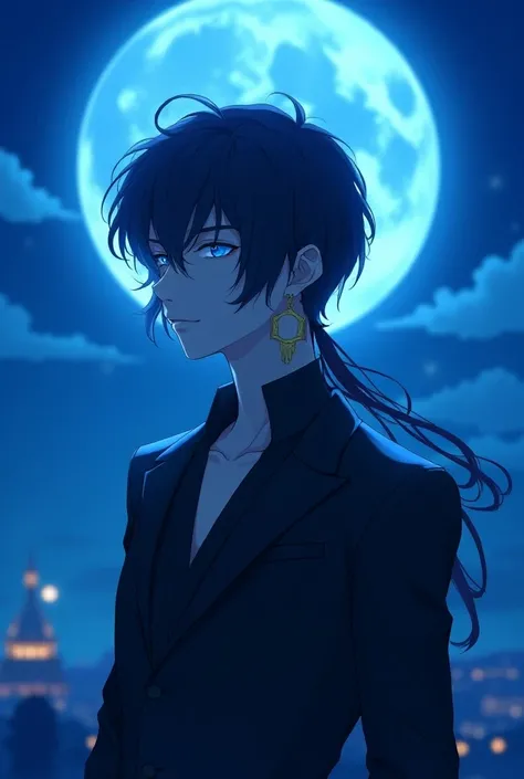 Blue moon background  handsome adult anime boy with hanging earring and blue eyes and black long hair clothes blazer court and flying capcut logo one background