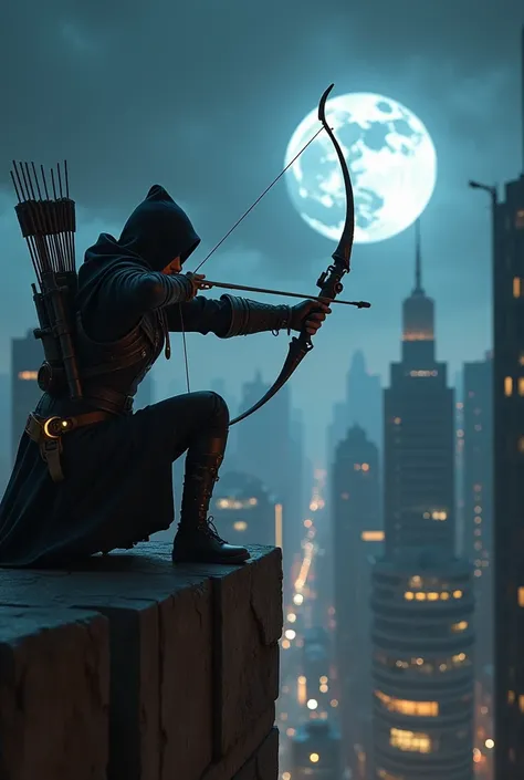 photoreallistic stunning assassin hold hi-tech archer kneeling and aiming from the tip of a high building to the down town targe...