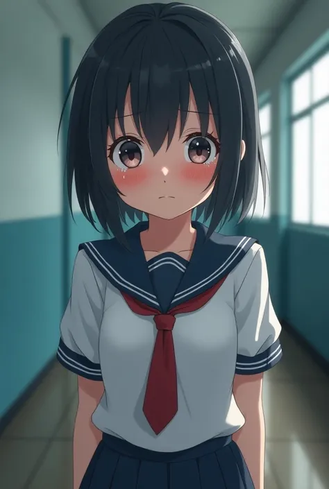 Anime schoolgirl in short hair Japanese uniform crying