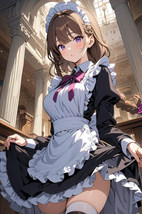 masterpiece, best quality, ultra-detailed, 8k, anime art style, illustration, 1girl, cowboy shot, looking at viewer, puffy lips, maid, maid apron, maid headdress, long sleeves, lace trim, frills, thighhighs, bow tie, indoors, mansion, breasts, brown hair, ...