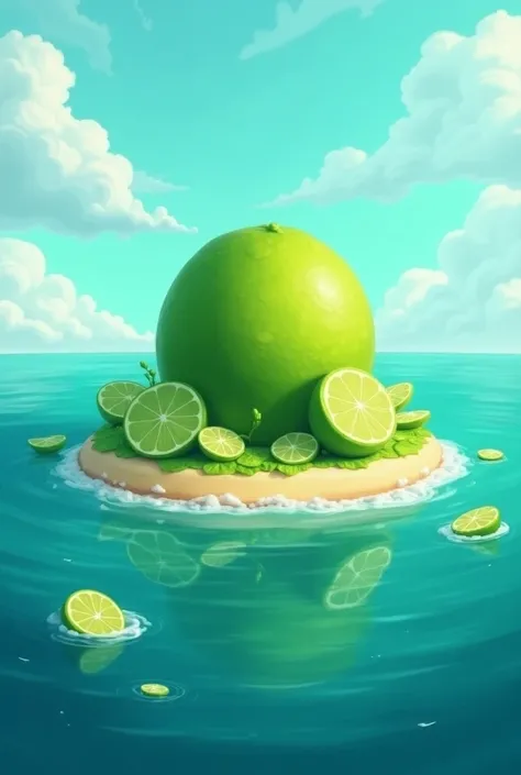 in an ocean, a giant lime cake as an island in the middle of the ocean with smaller lime pieces around it, with a stylized and fantasy art style