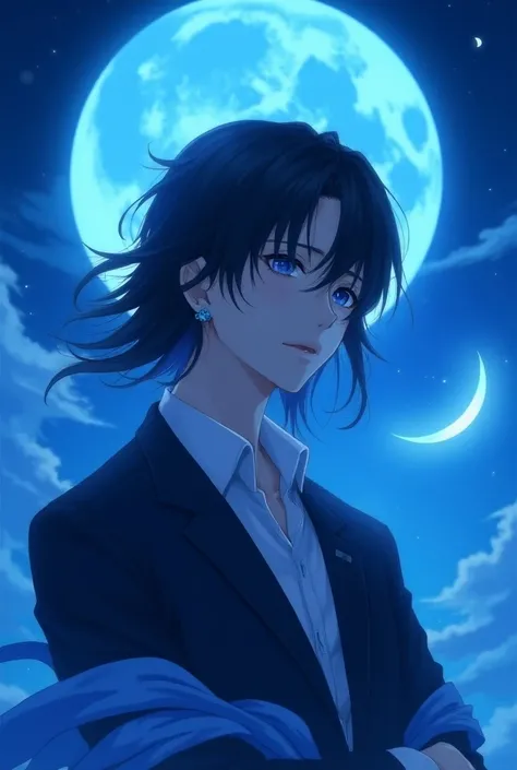 Blue moon background  handsome adult anime boy with small and slim hanging earring and blue eyes and black long hair clothes blazer court and flying capcut logo one background