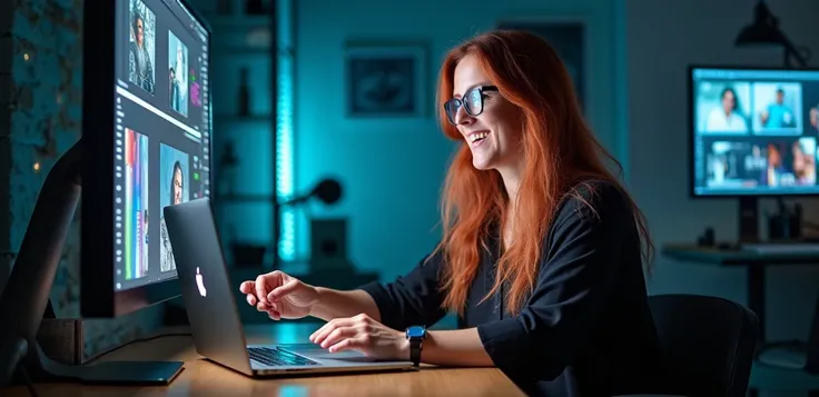 A real 50-year-old woman ,  funny video editor and girl Neural network with colored long hair,  around her artificial intelligence lines ,  shake hands,  next to them is a laptop with images of photo slides .