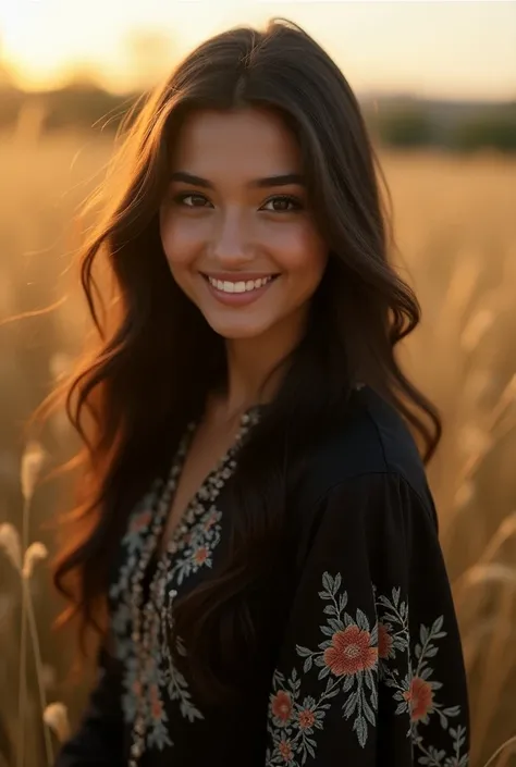 A 18-year-old  indian model preatty & cute girl with black hair and smile on her face  wearing a flowing floral  black kurta, standing amidst a field of home soft light illuminating the scene, detailed textures on her outfit, ultra-realistic, 4k