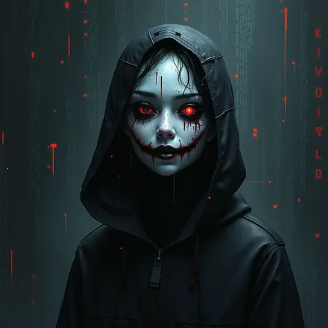  A humanoid agent , made of errors and glitches , computer virus , Made of shadows , half enigmatic and fragmented giving a sinister artificial smile,anime art.