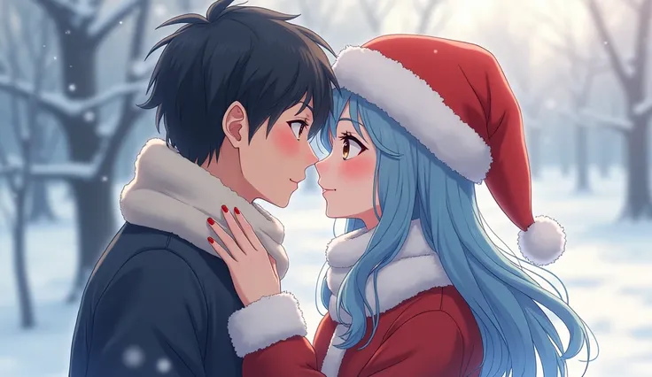  Winter Kiss
one girl 、 Blushing ,  simple background,  close your mouth,  cowboy shots, action painting, Blue Hair/Light blue hair, Smiley High Quality , chest,  Blushing , Light blush, Winter Scenery、Santa hat,  anime style, Soft Light,  Illustration, 