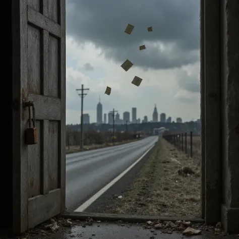 create ultra-realistic imagem A dark, melancholic scene showing an empty road stretching into the distance, lined with decaying, rusted signs and broken fences. On one side, a field with dead, withered plants extends under a cloudy, overcast sky. In the ba...