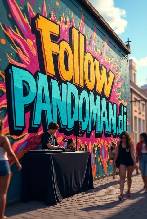 One man spray paint On a big wall "FOLLOW PANDOMAN.DJ"  and by the side there should be a table with a dj gear, Two Speakers in the road and a young short dj covering his face and people dance 