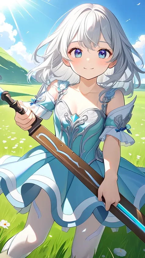 1 girl, ( cute face),  medium hair,  silver hair,  fantasy dress armor, Delicate decoration, Medium breasts, dreamy expression, I have a longsword,  cowboy shots, Calm smile,  break,  Vast Prairie , ( Soft Sunlight:1.3), shining green grass, flower々is in f...